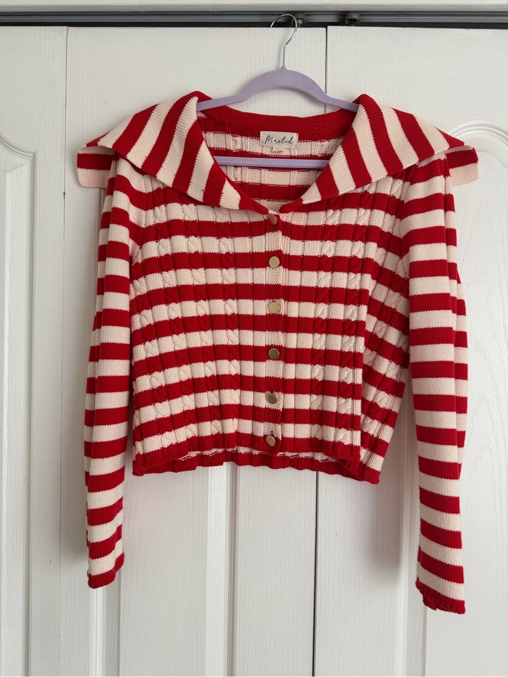 Marled Red and Cream Striped Ribbed Button-Up Sweater